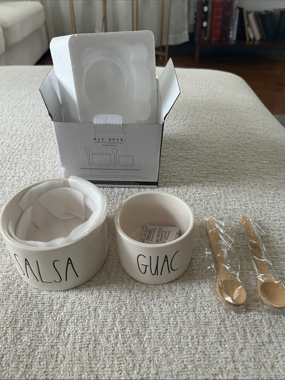 Rae Dunn Artisan Collection SALSA & GUAC Dip Bowls with Wooden Spoons